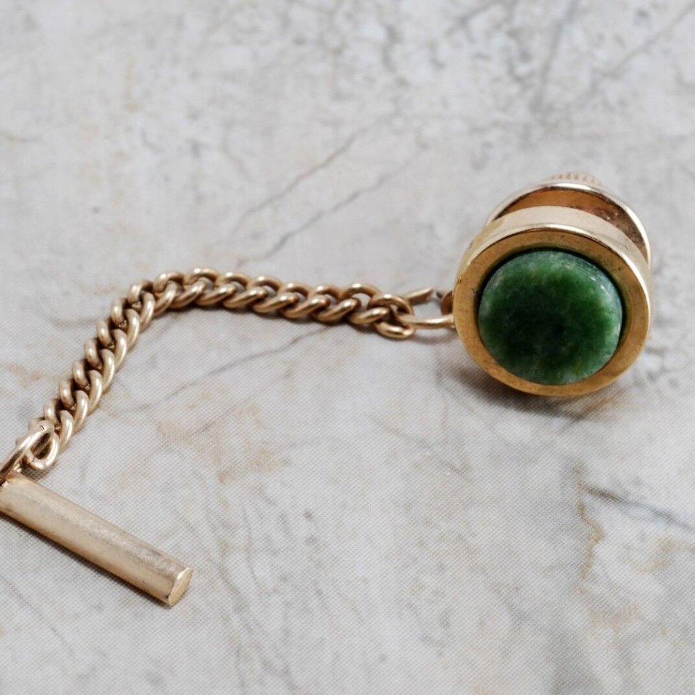 Vintage Tie Tack Jade Jadeite Stone Lapel Pin Gold Tone Metal Clasp 1/2" Jewelry